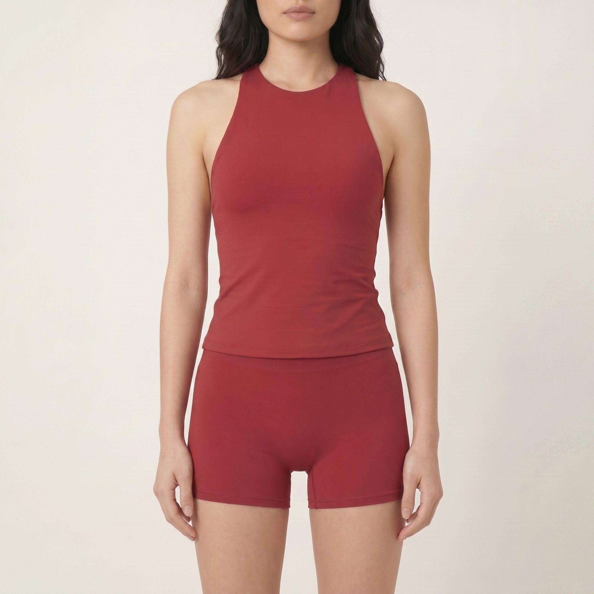 2-Piece Set Sleeveless High Neck Tank Top and Fitted Shorts Sleepwear Lounge Set with Soft Stretch Knit Feel