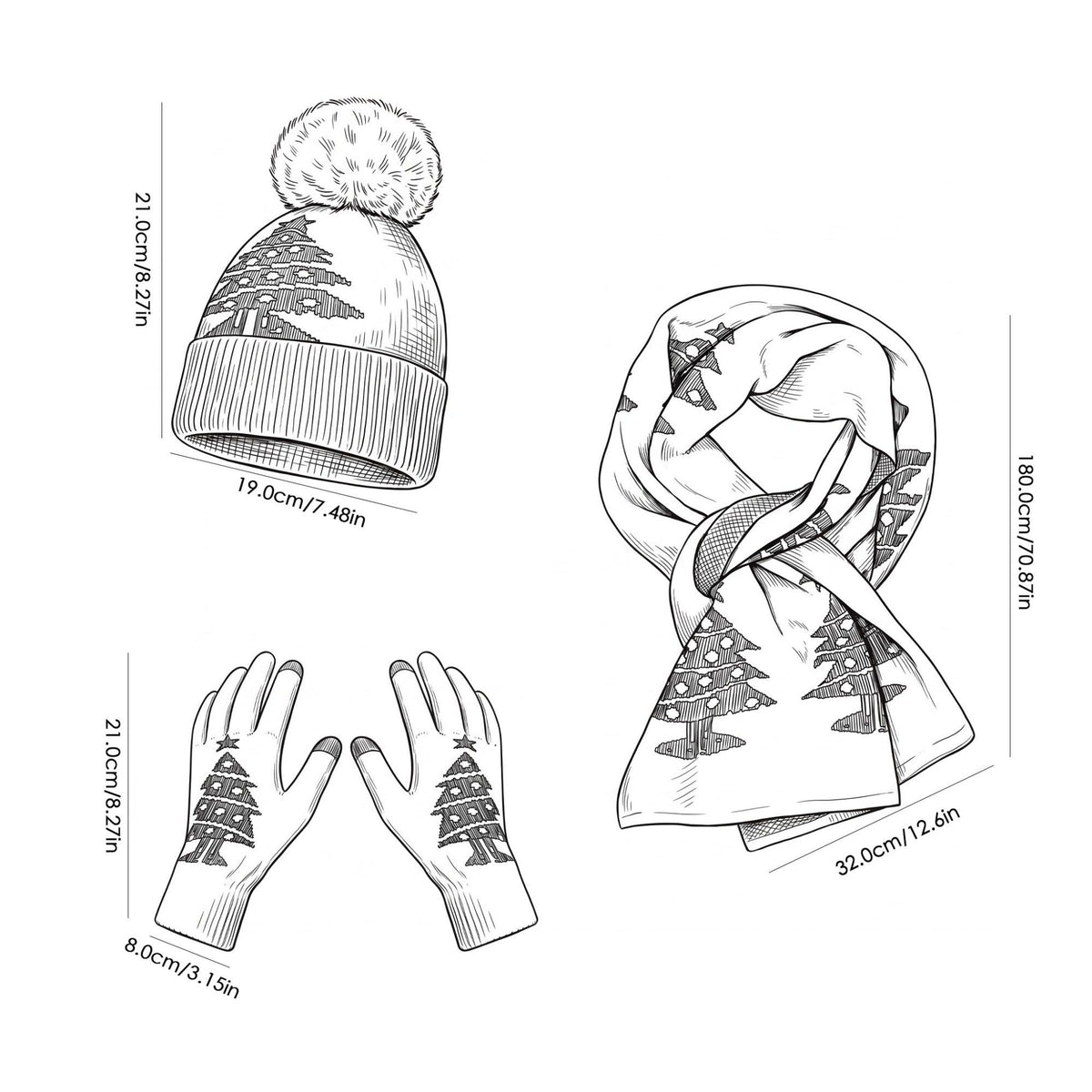 3 Piece Christmas Tree Beanie Scarf and Touchscreen Gloves Set