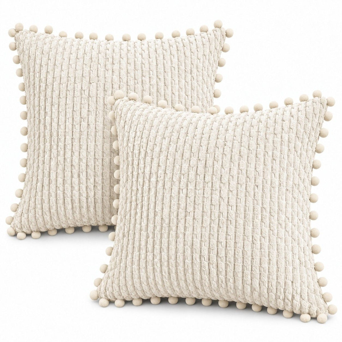 2 Pack Double Sided Corduroy Throw Pillow Covers 18 x 18 Inch with Pom Pom Trim