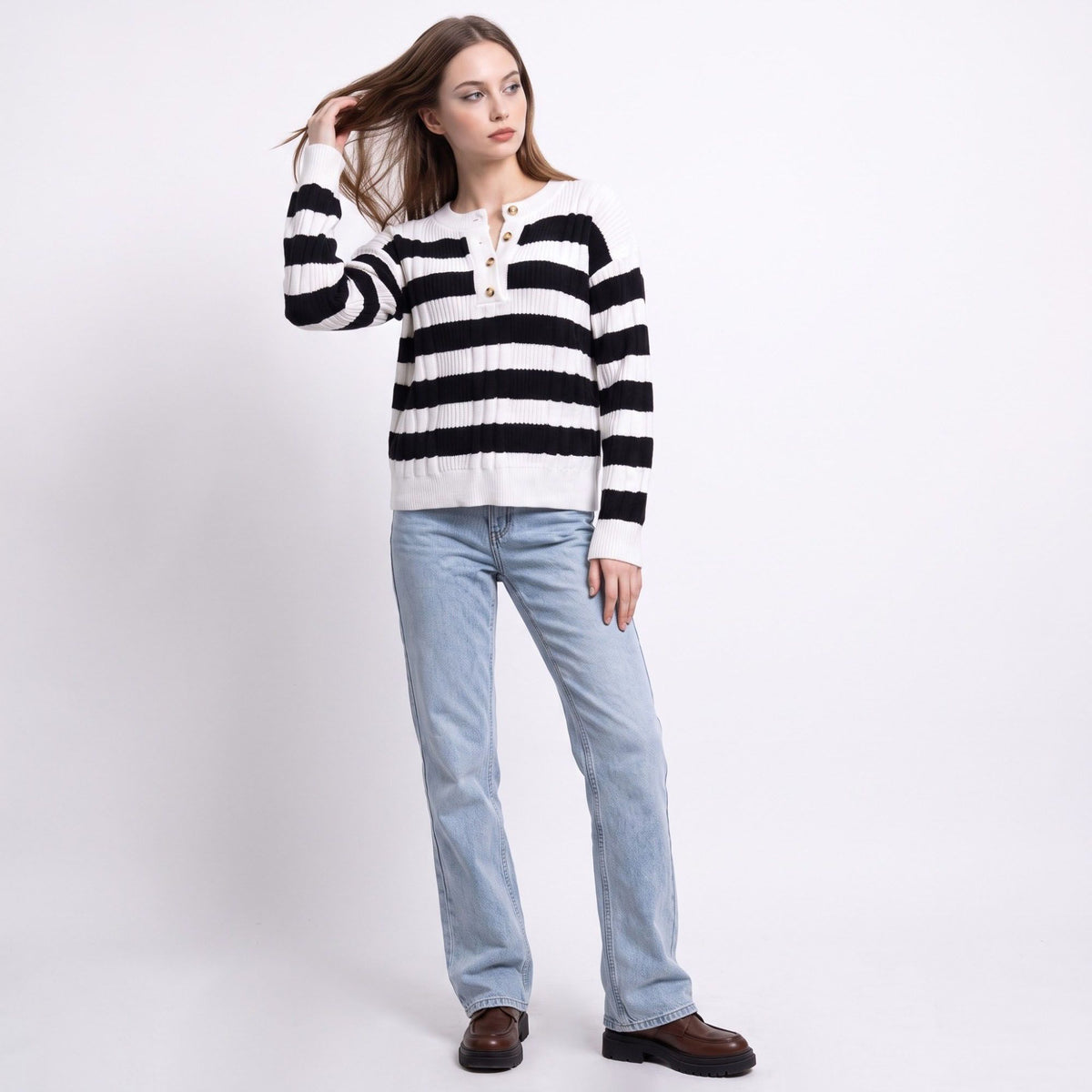 Striped Henley Ribbed Knit Pullover Sweater