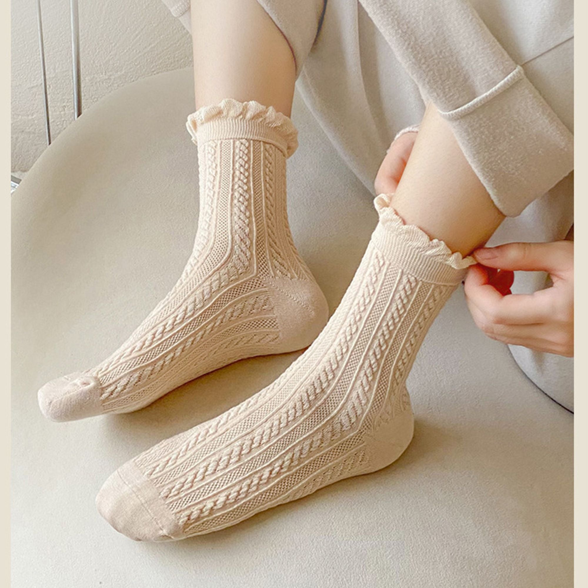 Anna-Kaci 3 Pairs Mid-Crew Cable Knit Socks with Ruffle Cuffs Soft Stretchy Vintage-Inspired Design