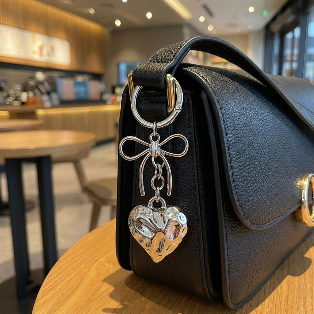 2 Pack Metal Heart Keychain with Bow Accent Clip and Polished Bag Charm Pendant