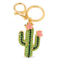 Cactus Rhinestone Keychain Bag Charm with Floral Detail and Lobster Clasp