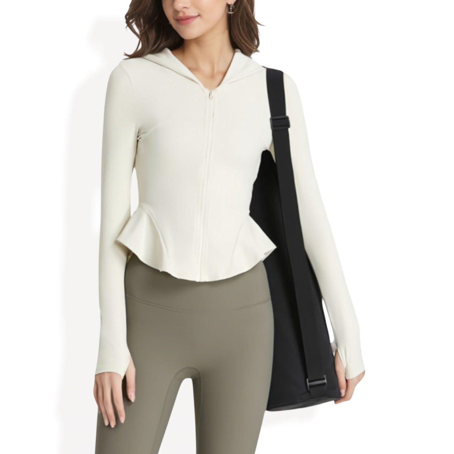 Peplum Hem Active Zip-Up Jacket with Hood and Thumb Holes