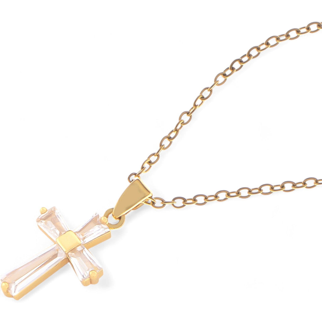 Women's Gold Tone Cross Pendant Fashion Necklace with Crystal Accents and Chain