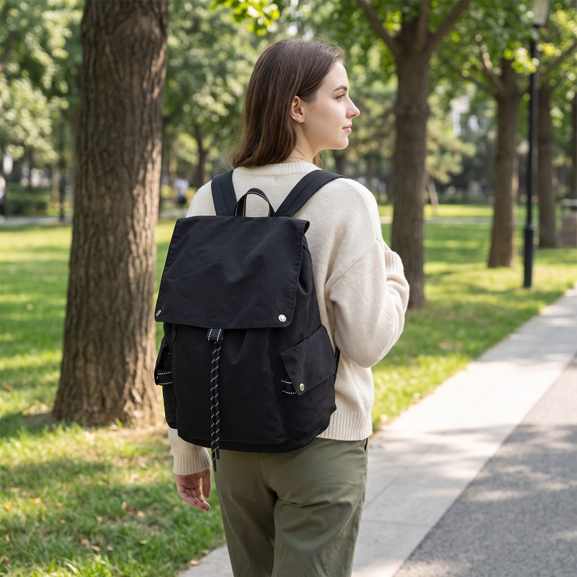 Canvas Flap Backpack with Drawstring Closure Side Pockets and Adjustable Shoulder Straps
