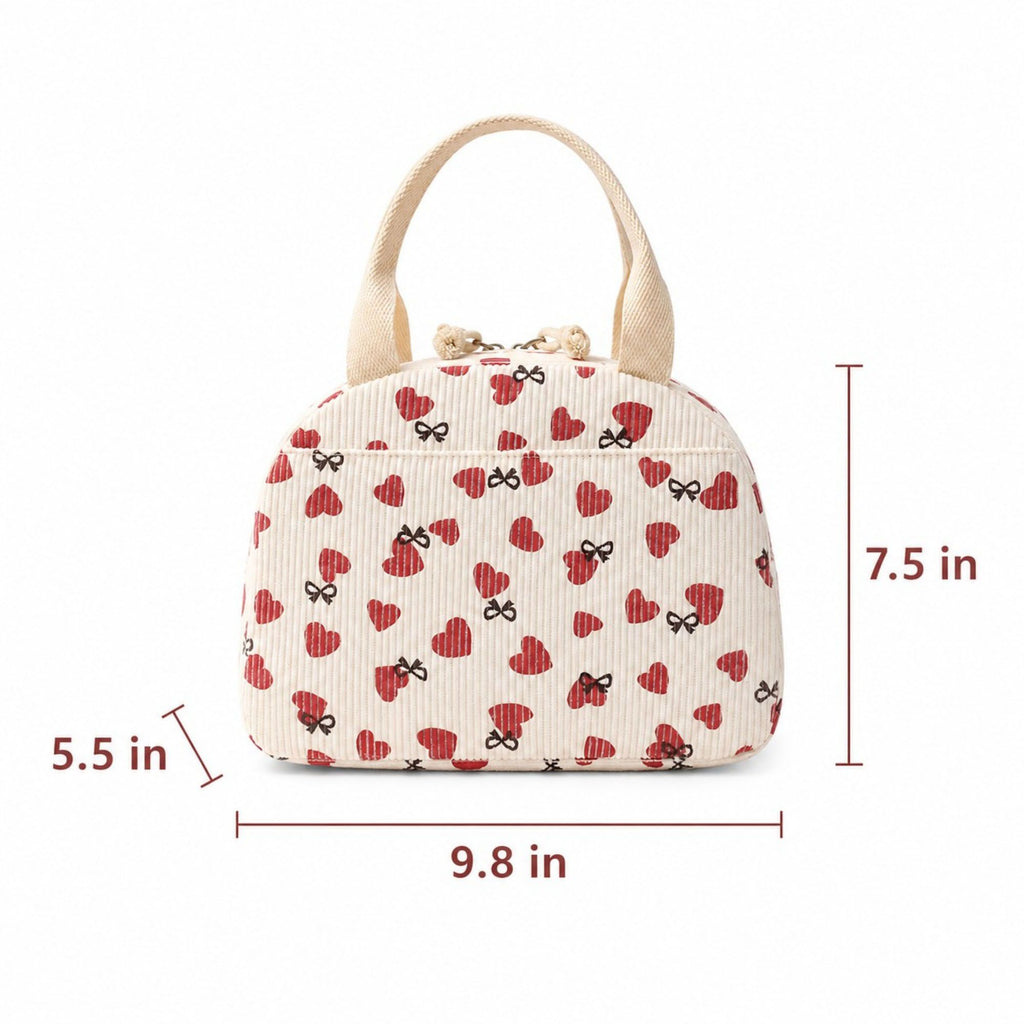 Heart Print Corduroy Insulated Lunch Bag with Handles and Zip Closure