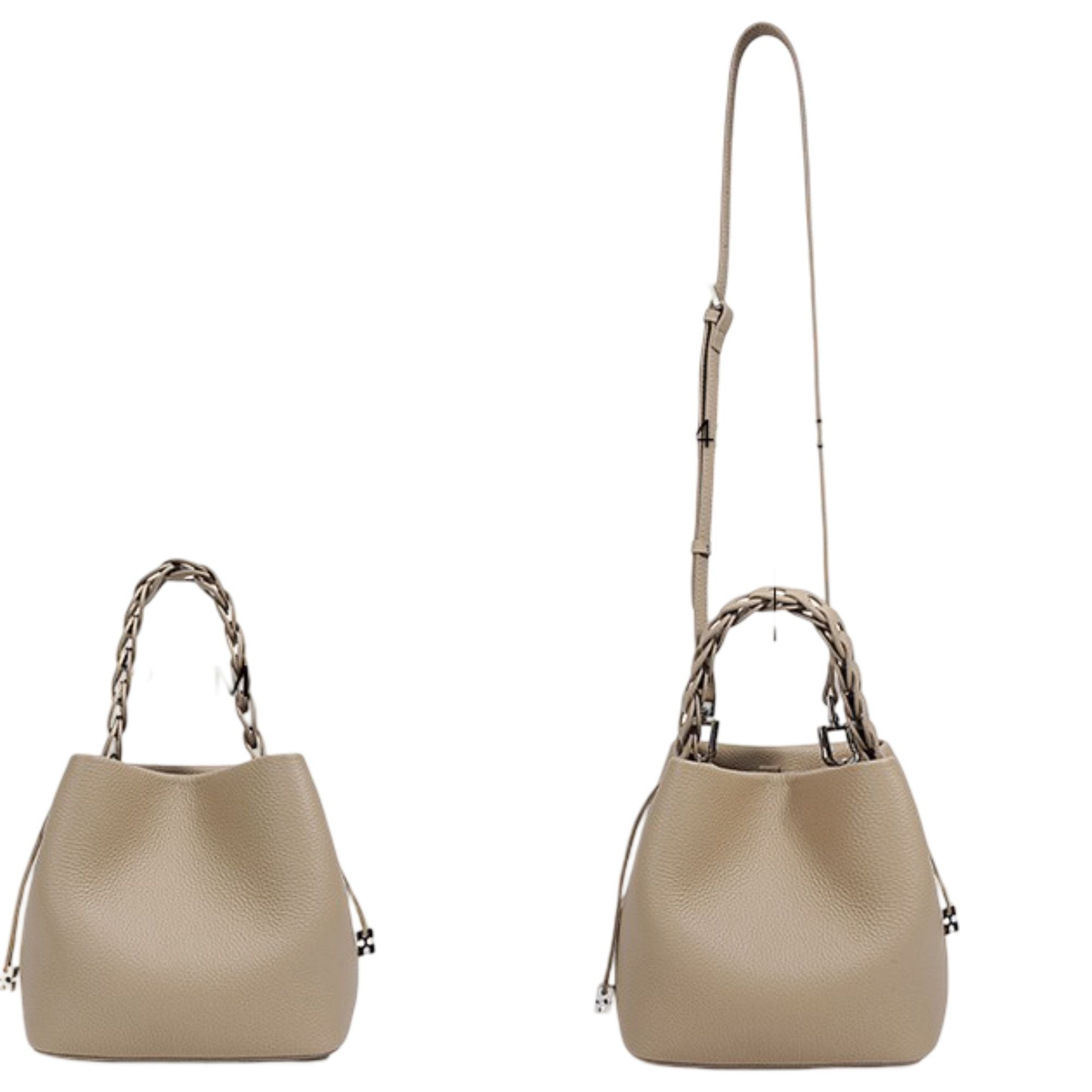 Leather Drawstring Bucket Handbag with Braided Top Handle and Adjustable Crossbody Strap