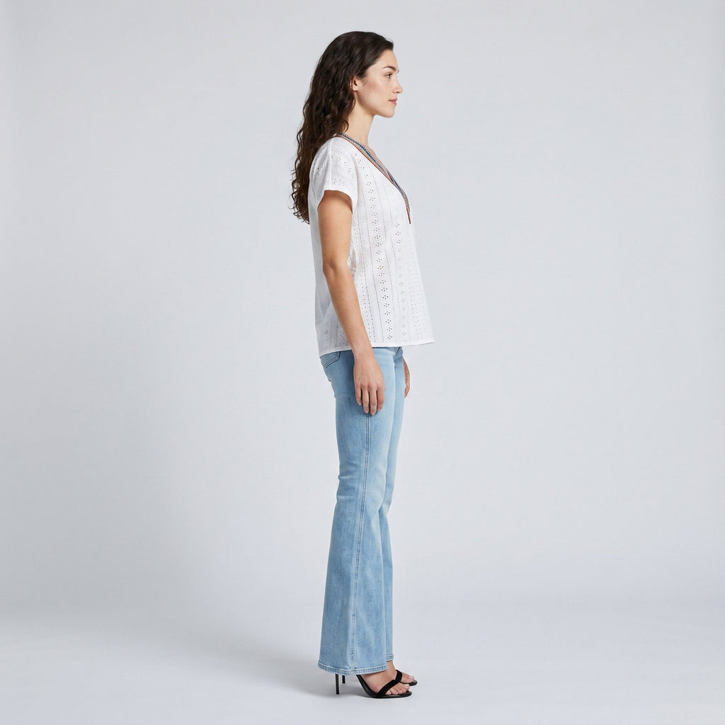 Boho V-Neck Eyelet Blouse Short Sleeve Embroidered Trim Top