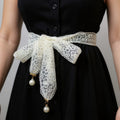Anna-Kaci Women's Floral Lace Ribbon Belt with Oversized Bow and Pearl Drop Details 59in