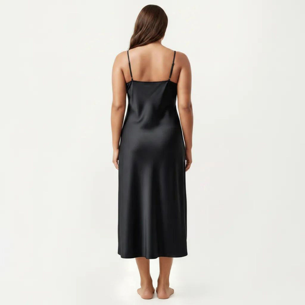 Anna-Kaci Lounge Women's Plus Size Satin Wrap Nightgown with Lace Trim Adjustable Spaghetti Straps Side Tie Midi Length Sleepwear Dress