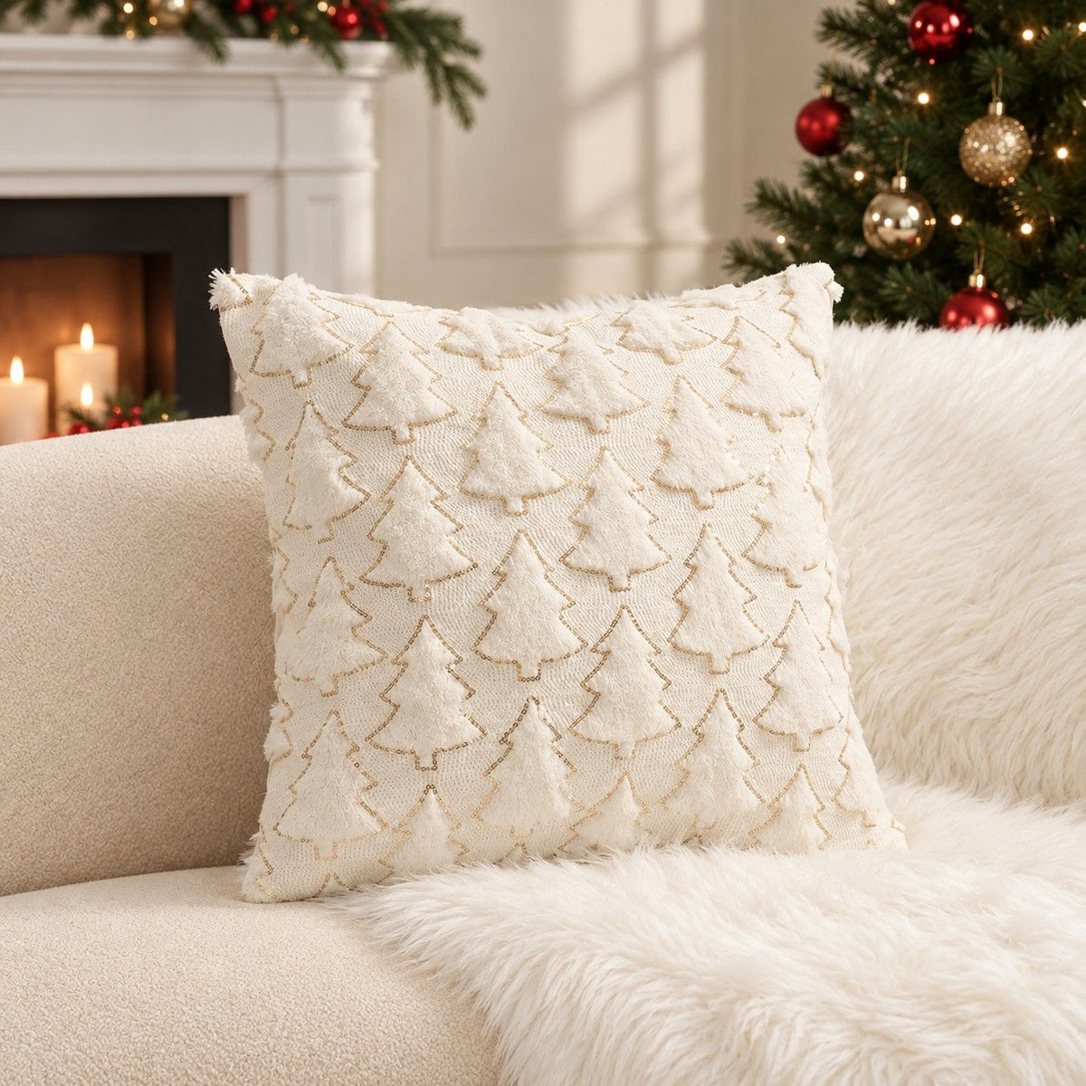 Plush Embroidered Christmas Tree Throw Pillow Cover 18 x 18 Inch Holiday Decor
