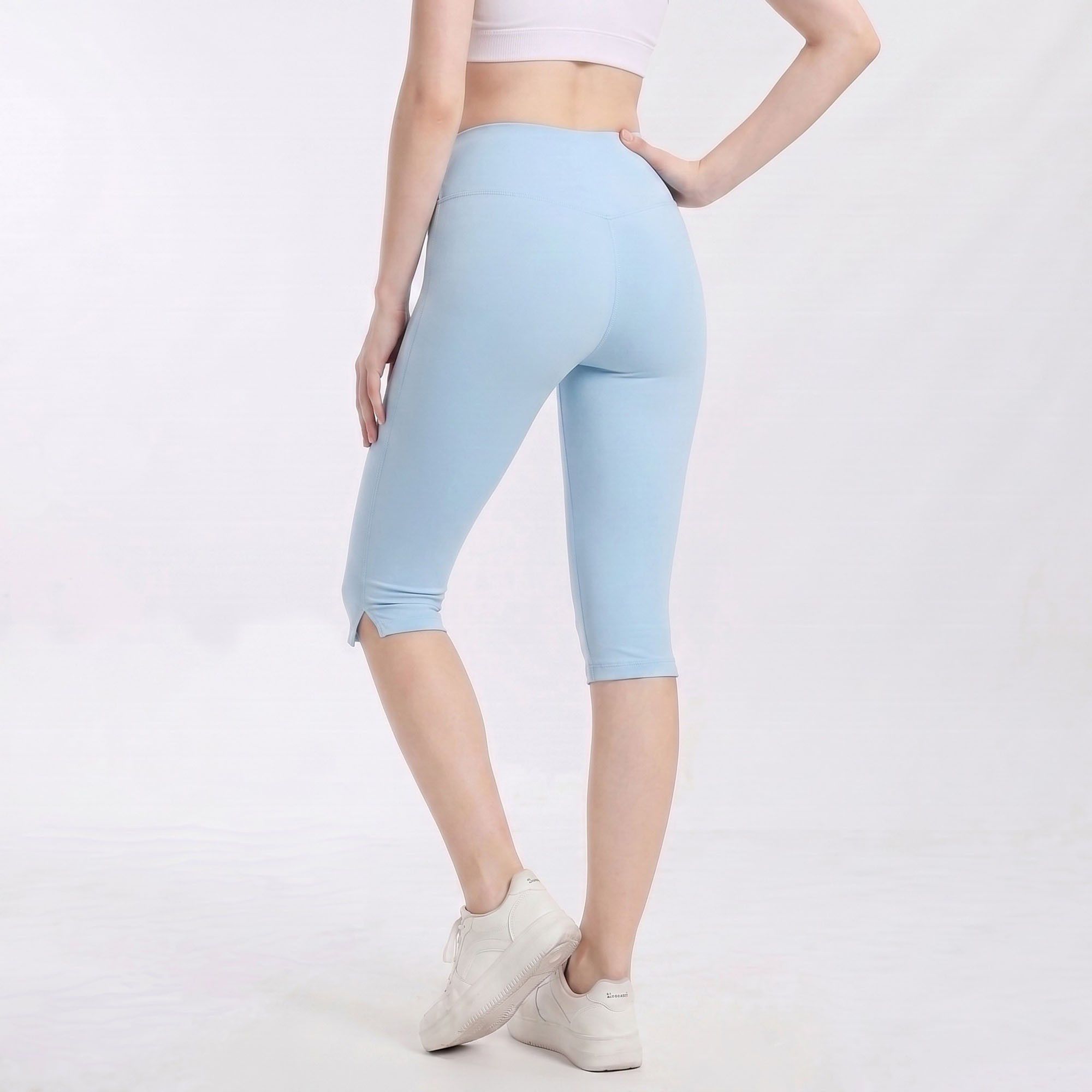 High Waist Capri Leggings with Side Slit Hem Smooth Stretch Pull On Workout Yoga Pants