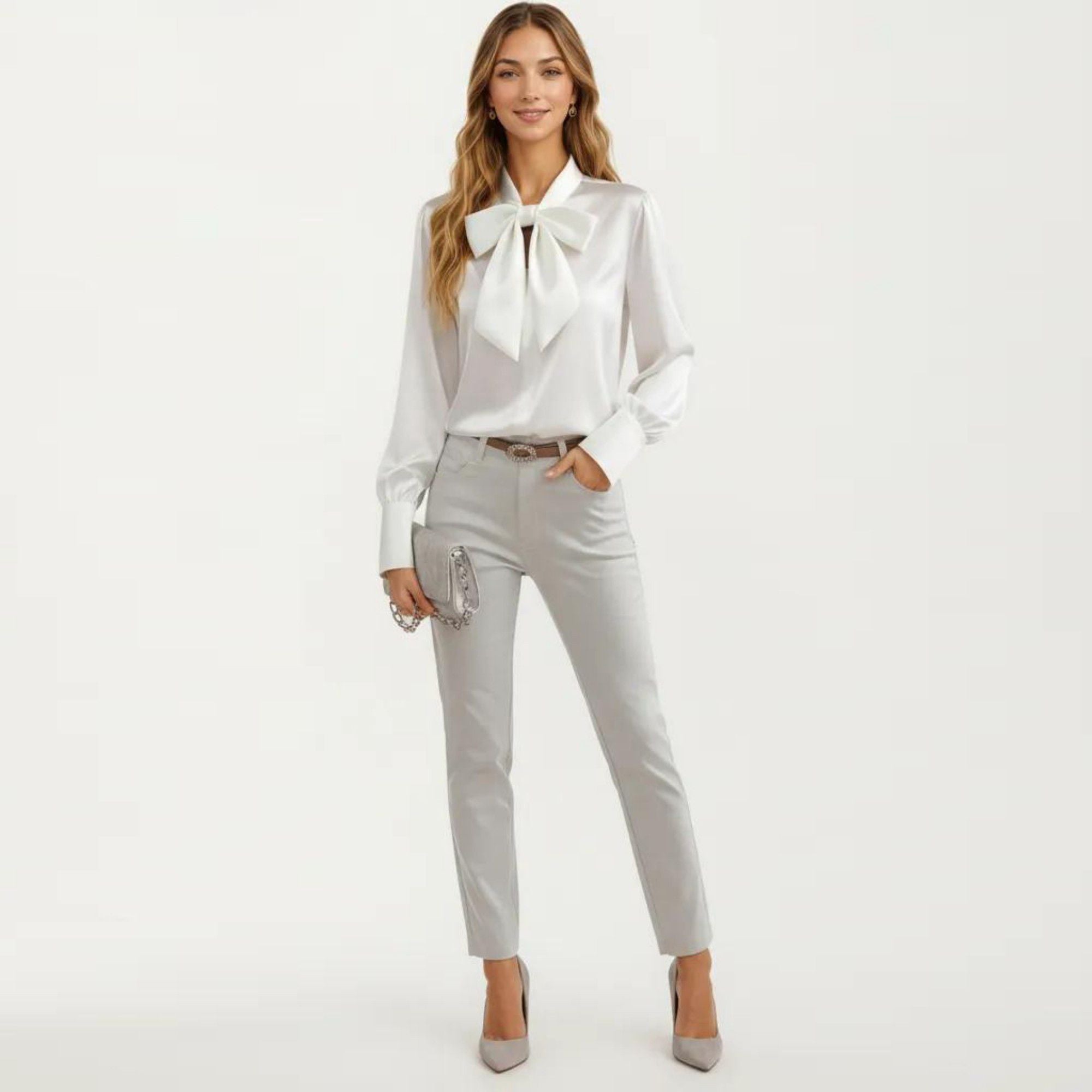 Anna-Kaci Women's Satin Bow Neck Blouse with Long Puff Sleeves and Wide Cuffs
