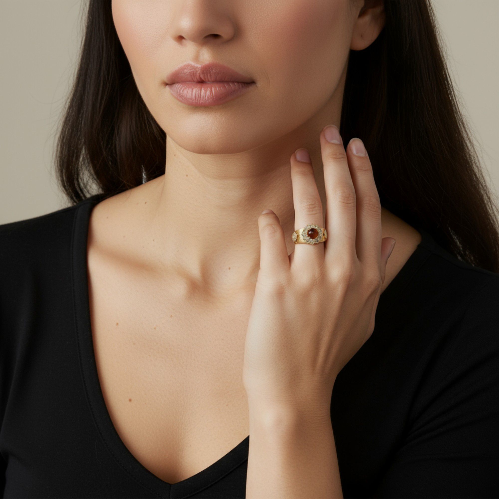 Anna-Kaci Women's Oval Gemstone Statement Ring with Crystal Halo and Textured Band