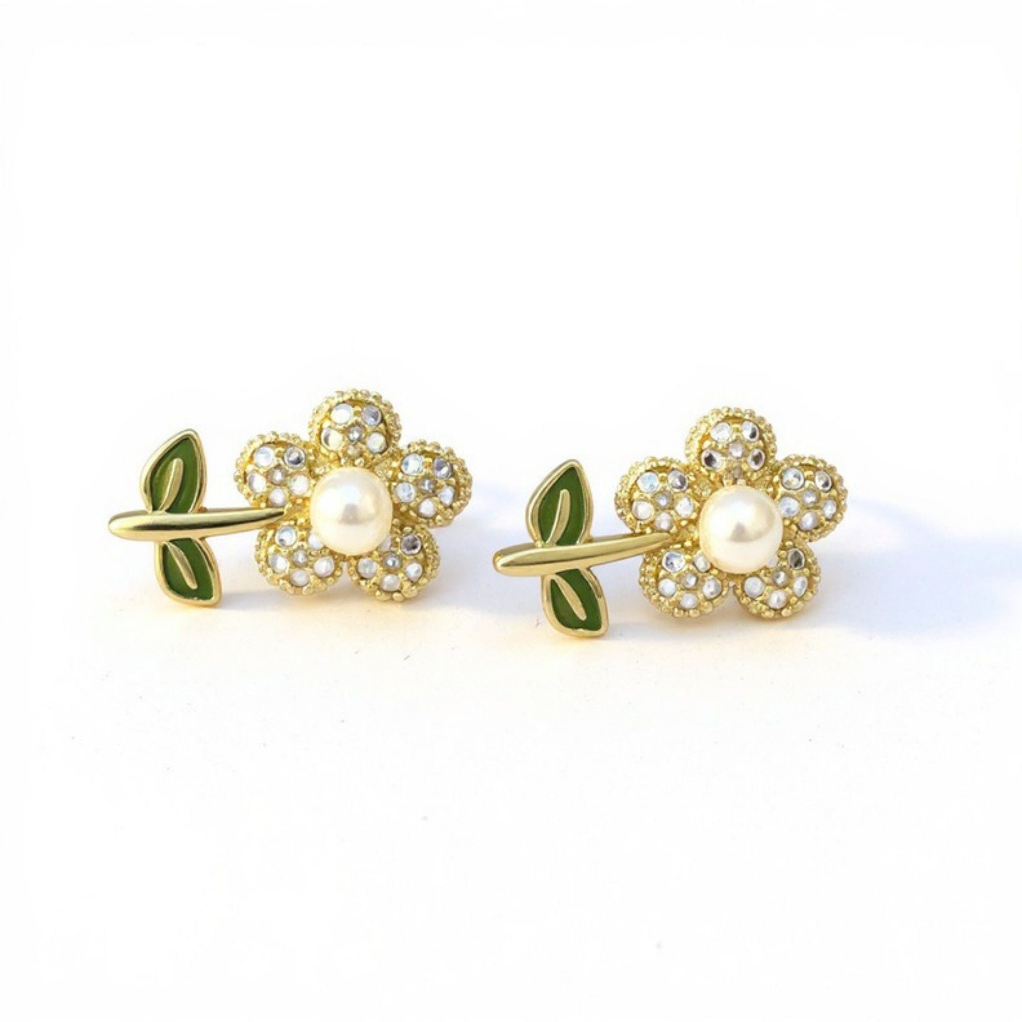 Women's Floral Necklace and Earring Set with Pearl Center and Crystal Petal Details 15.5+2in