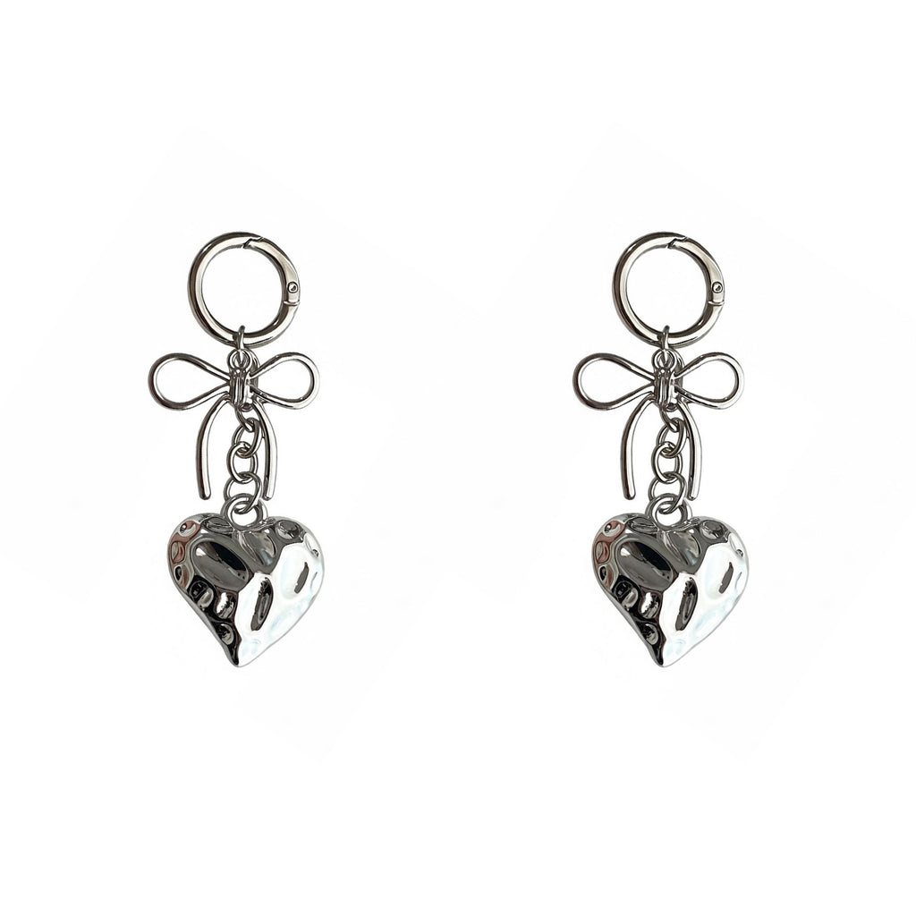 2 Pack Metal Heart Keychain with Bow Accent Clip and Polished Bag Charm Pendant