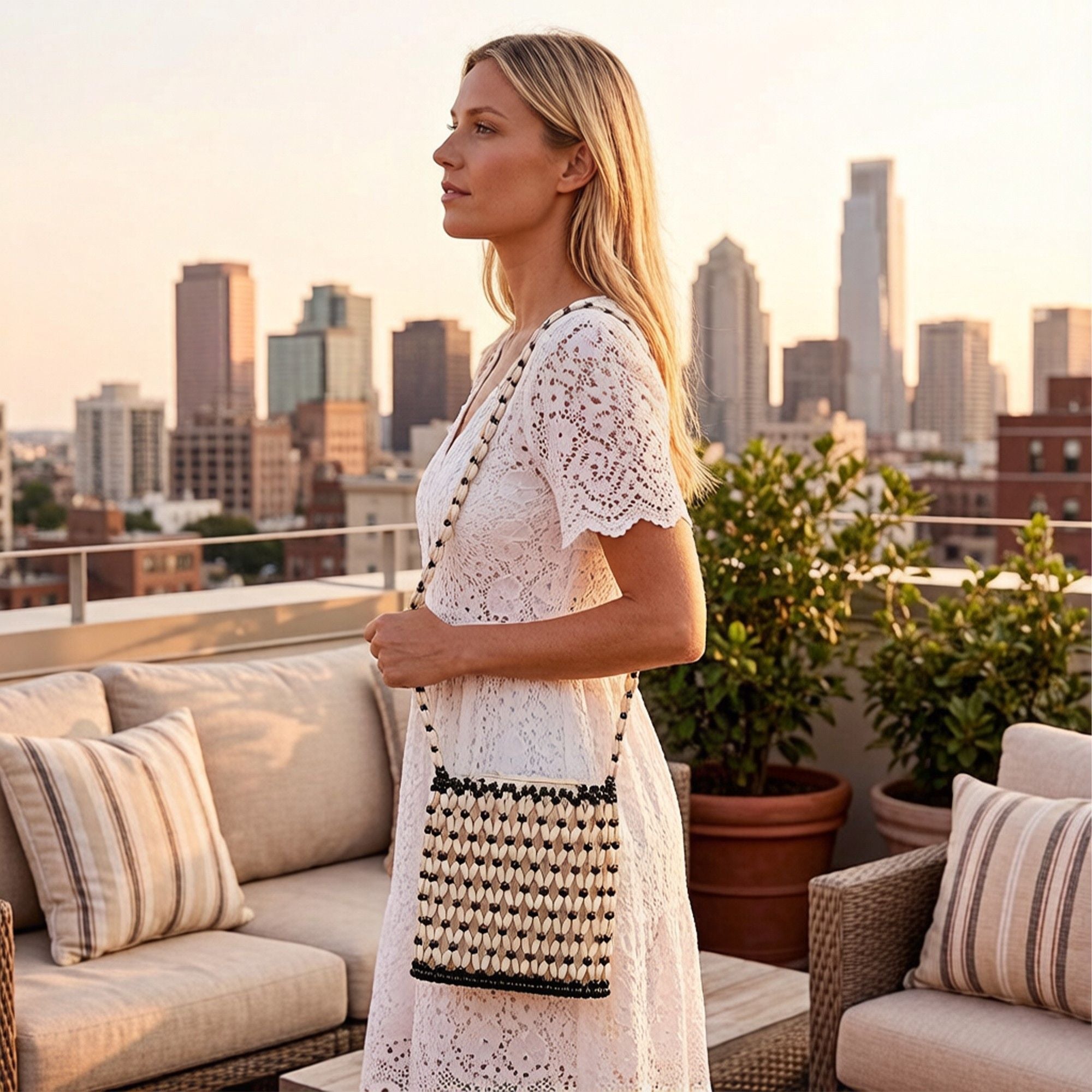 Beaded Crossbody Mini Bag with Long Strap Open Weave Wooden Bead Shoulder Purse Lightweight Small Handbag