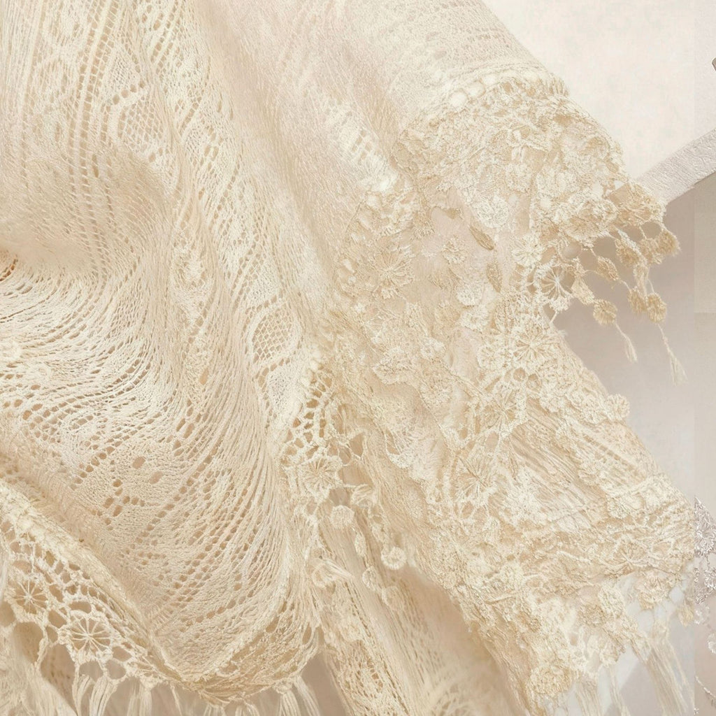 Lace Poncho Cover Up with Fringe Trim and Front Tie