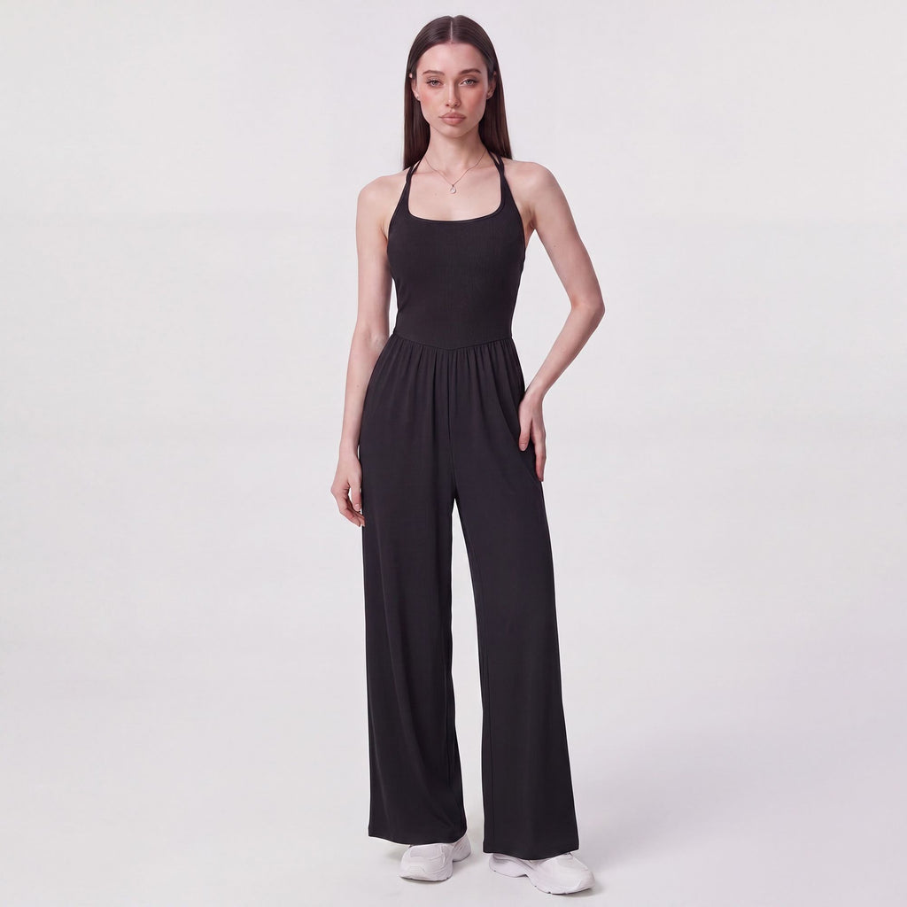 Sleeveless Halter Neck Wide Leg Jumpsuit with Ribbed Bodice Gathered Waist and Flowy Pants