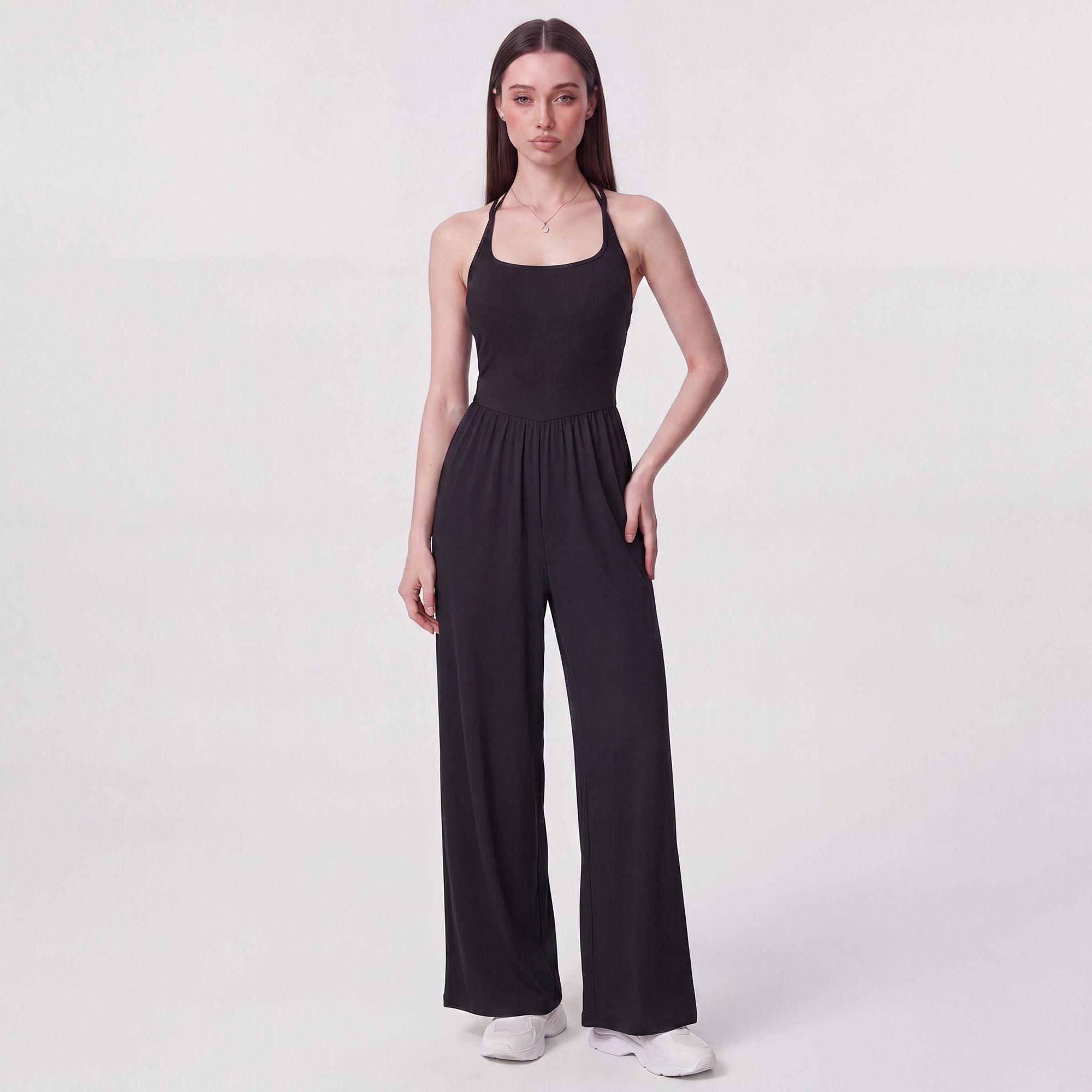 Sleeveless Halter Neck Wide Leg Jumpsuit with Ribbed Bodice Gathered Waist and Flowy Pants