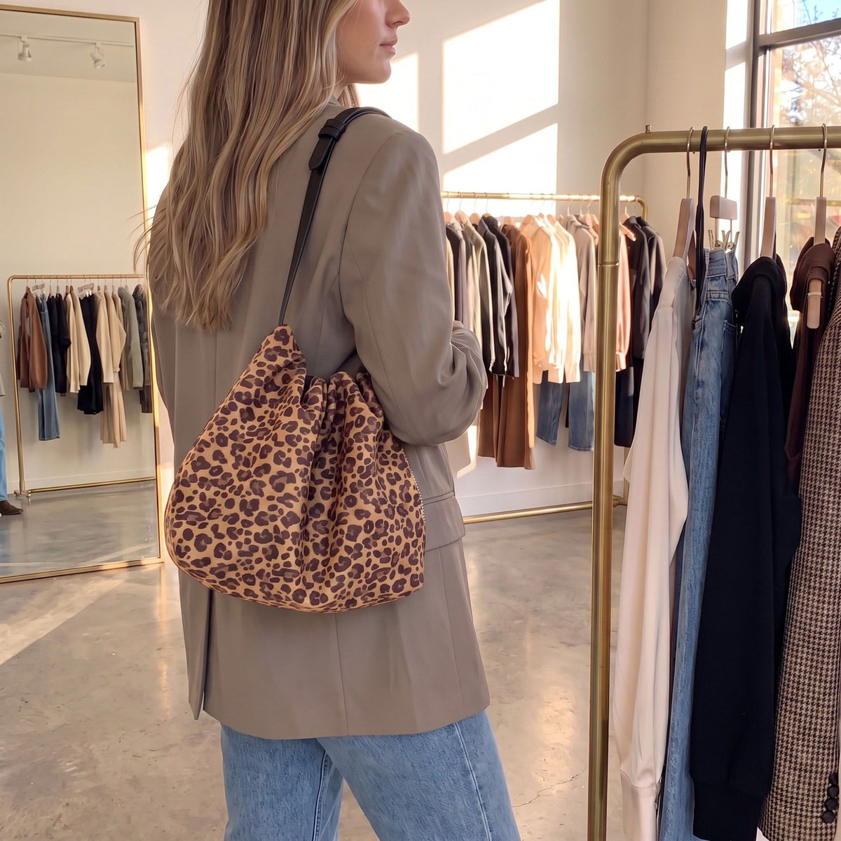 Leopard Print Hobo Shoulder Bag with Adjustable Strap Brown