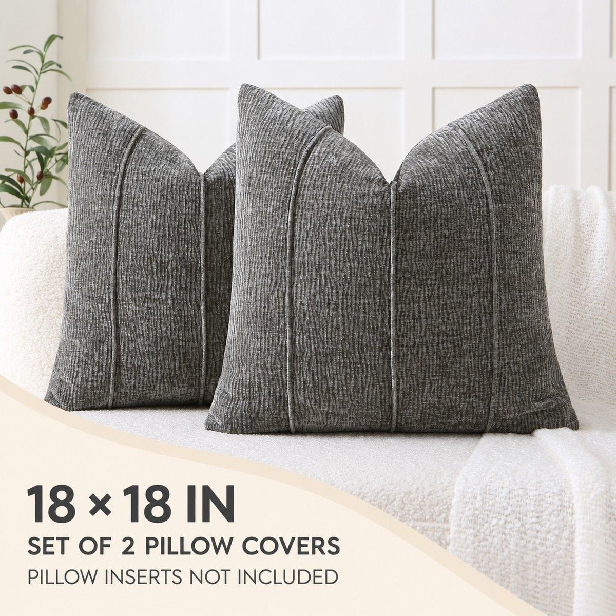 2 Pack Solid Textured Throw Pillow Covers 18 x 18 Inch with Hidden Zipper