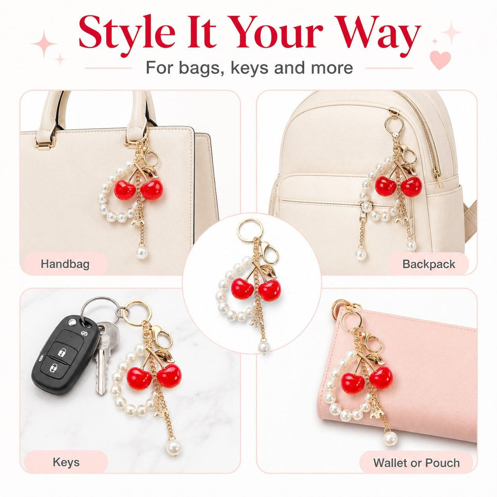 Cherry Bag Charm Keychain with Faux Pearl Loop and Gold-Tone Clips
