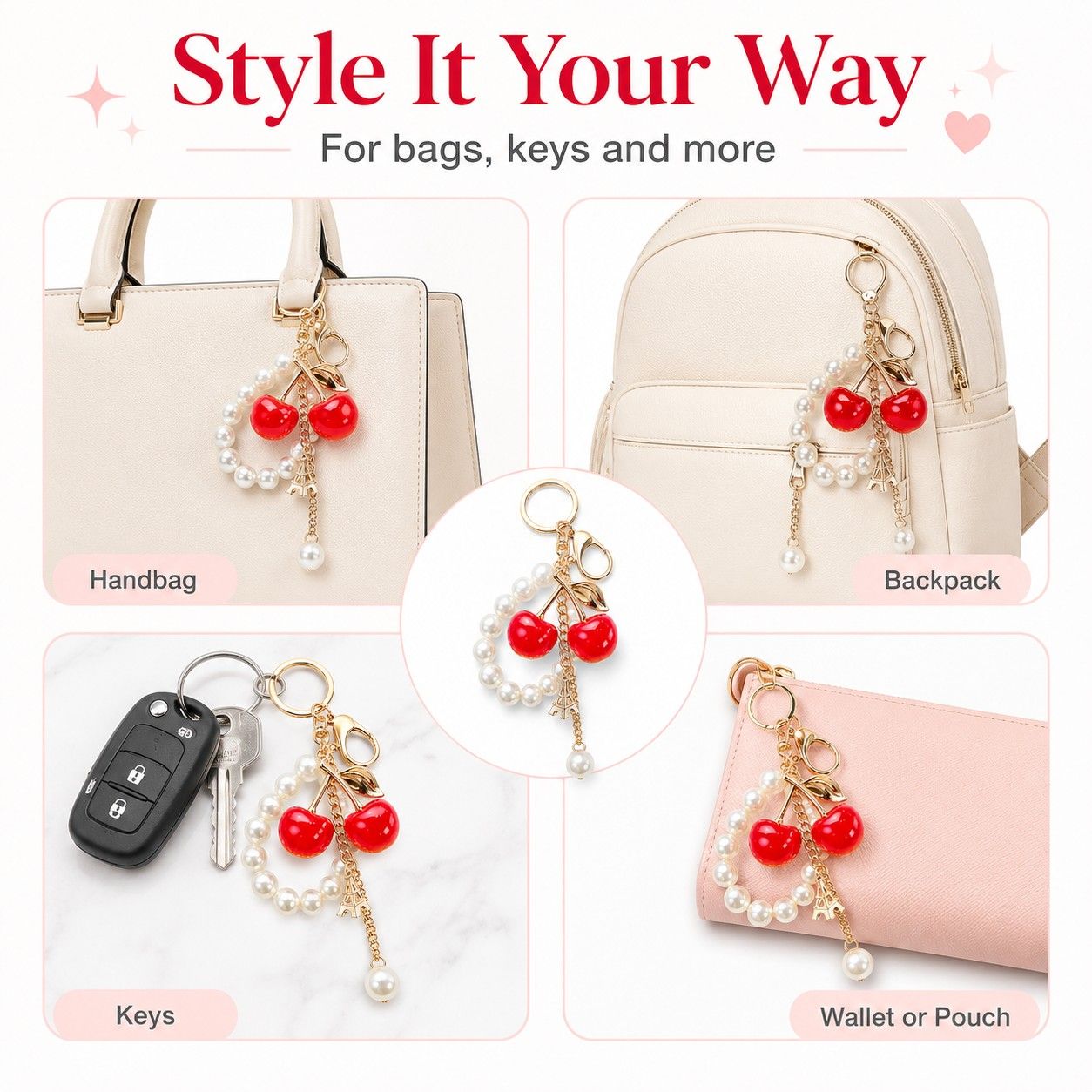 Cherry Bag Charm Keychain with Faux Pearl Loop and Gold-Tone Clips