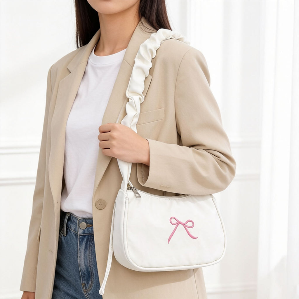 Small Bow Embroidered Shoulder Bag with Ruched Strap and Zip Closure