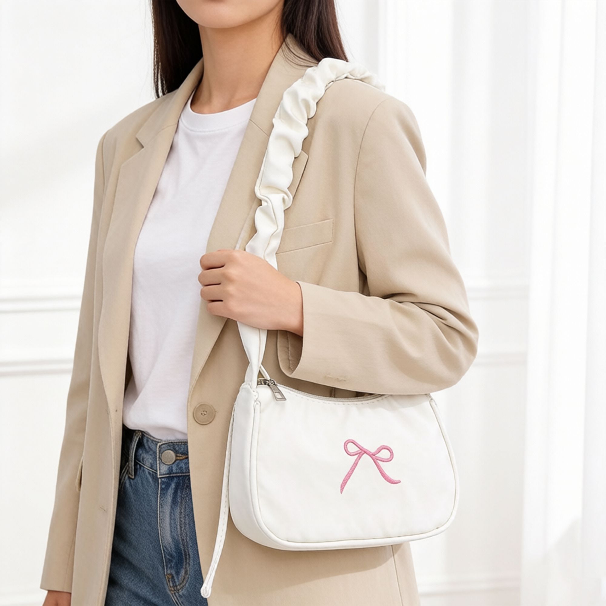 Small Bow Embroidered Shoulder Bag with Ruched Strap and Zip Closure