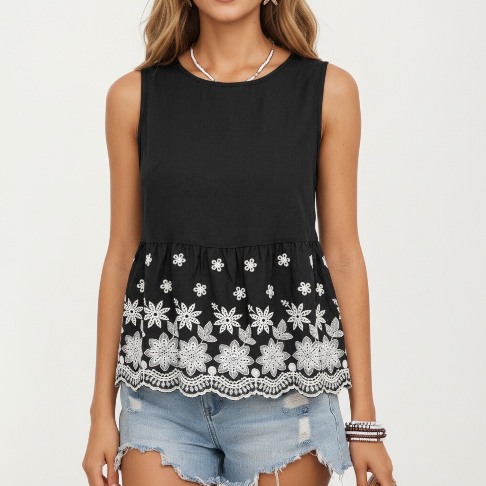 Anna-Kaci Women's Embroidered Floral Peplum Tank Top with Back Tie