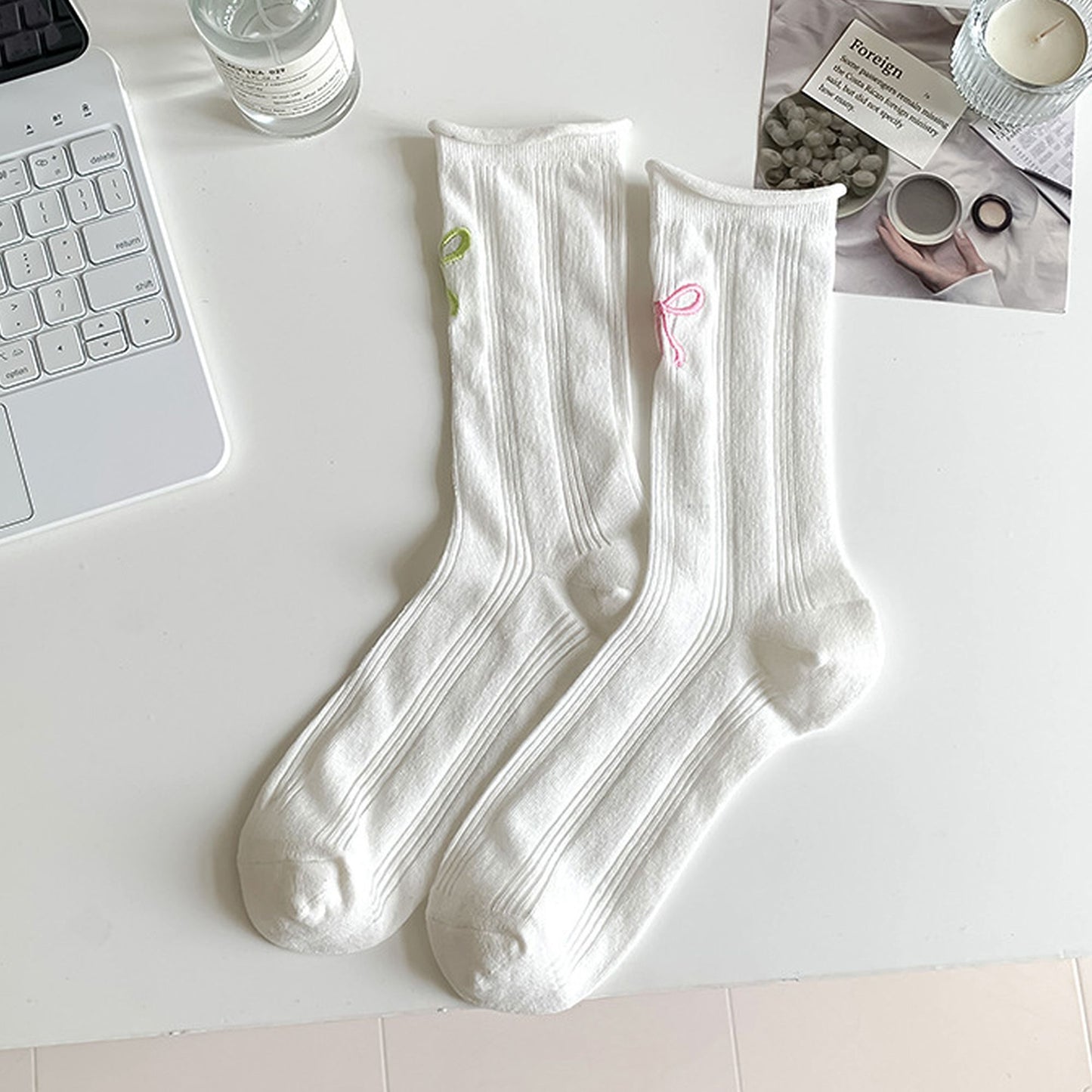 Anna-Kaci Adorable Women's Bow-Embroidered Ribbed Ankle Socks 5Pk