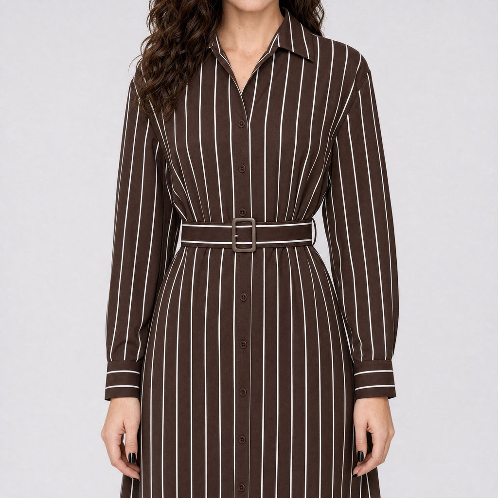 Striped Belted Button Front Long Sleeve Midi Shirt Dress
