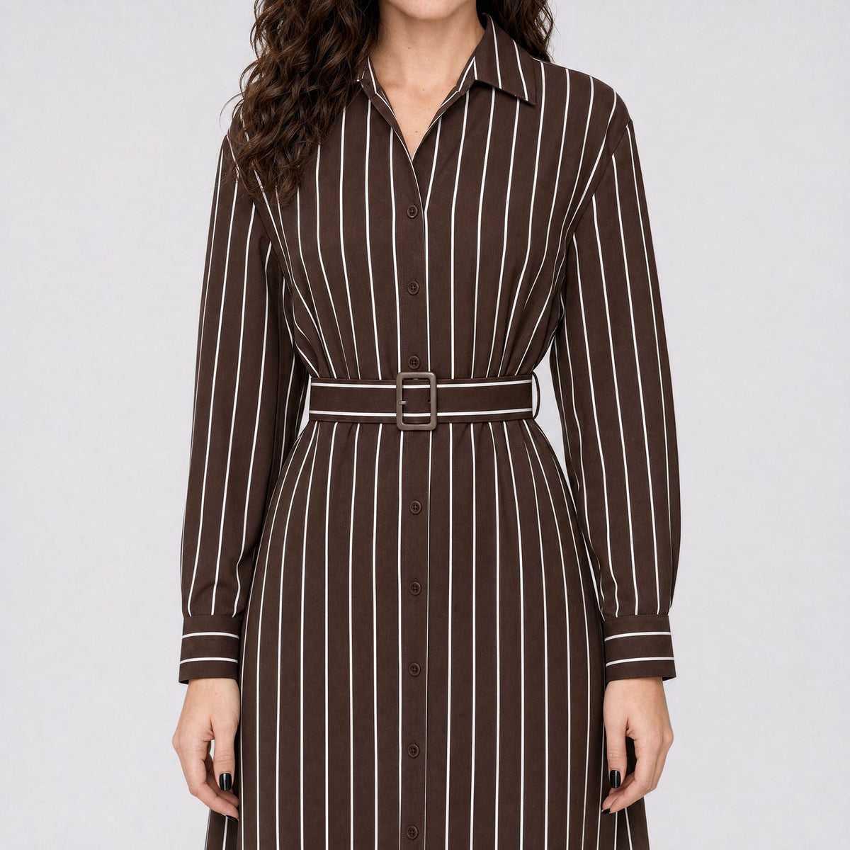 Striped Belted Button Front Long Sleeve Midi Shirt Dress