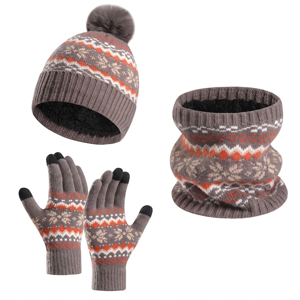 3 Piece Fair Isle Pom Beanie Neck Warmer and Gloves Set