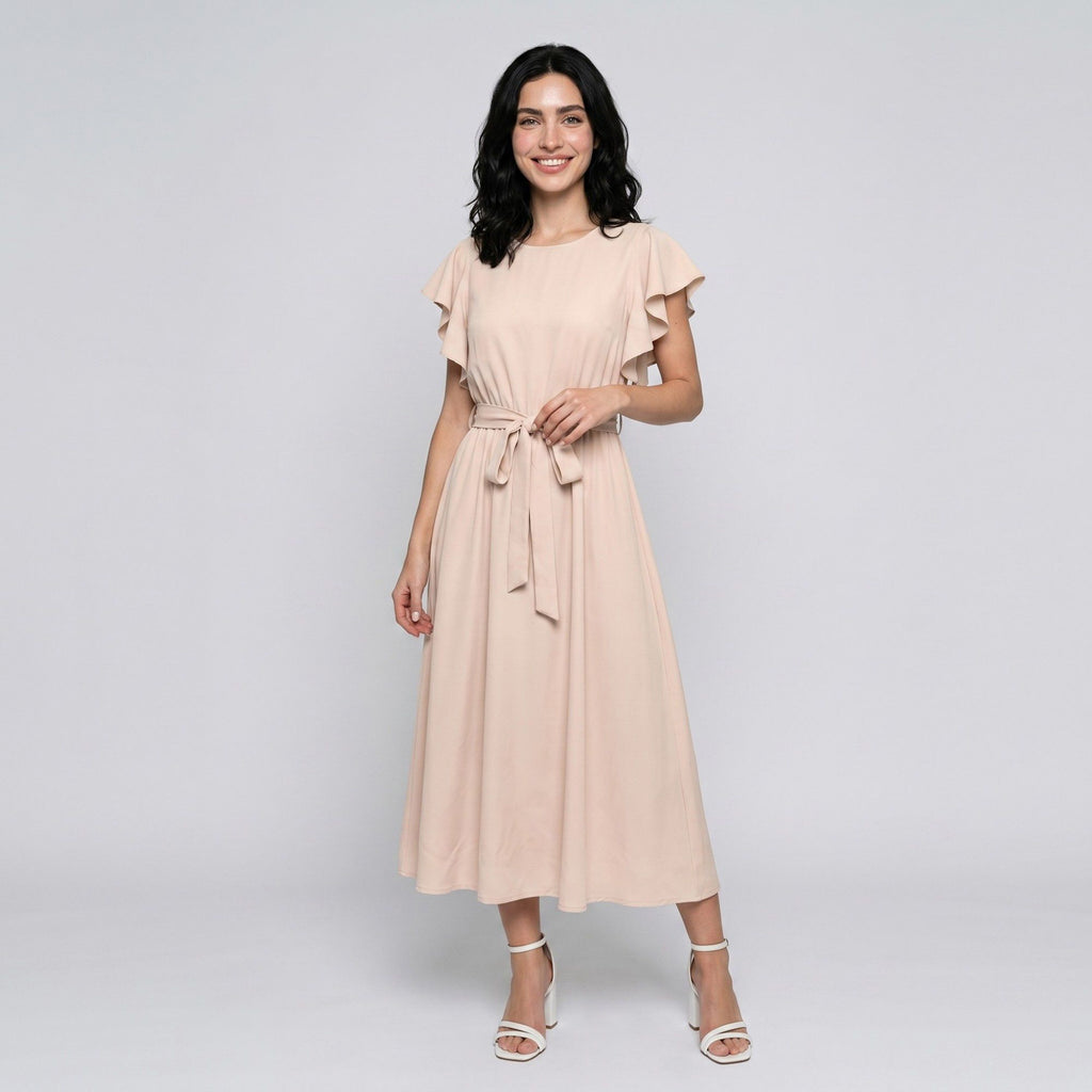 Flutter Sleeve Tie Waist Midi Dress with Round Neckline Flowy A Line Skirt and Soft Gathered Silhouette