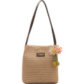 Blue women's tote bag with woven, magnetic closure and long shoulder straps