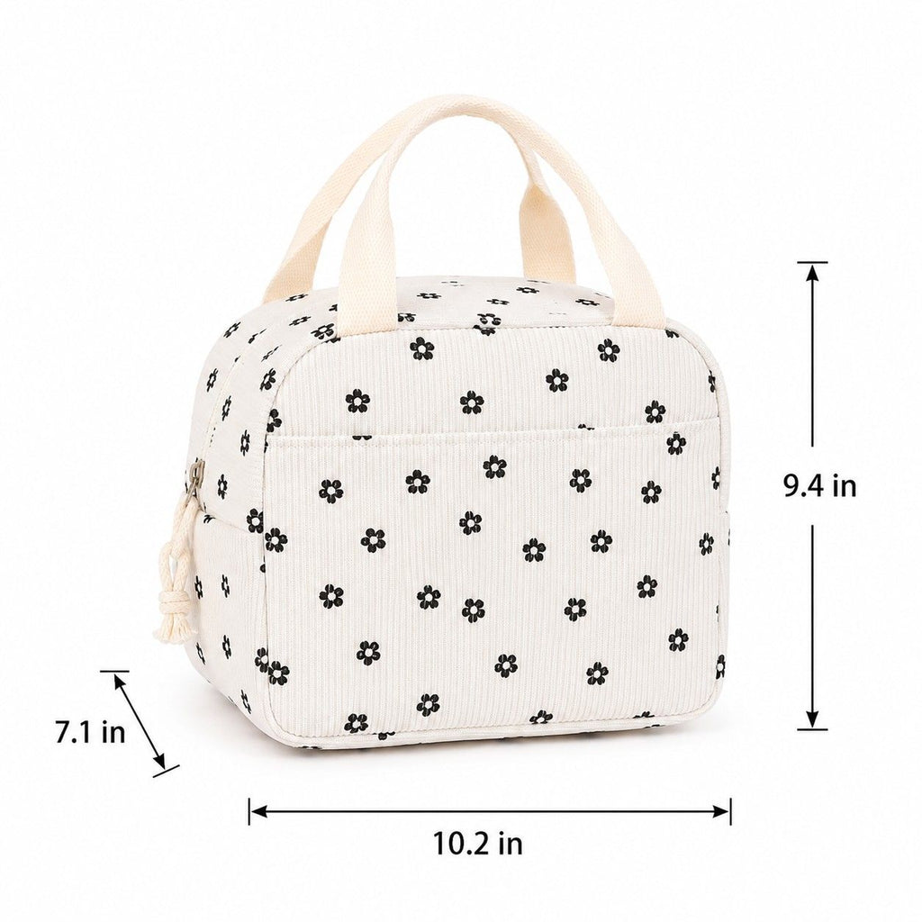 Floral Corduroy Insulated Lunch Tote Bag with Front Pocket and Zip Closure