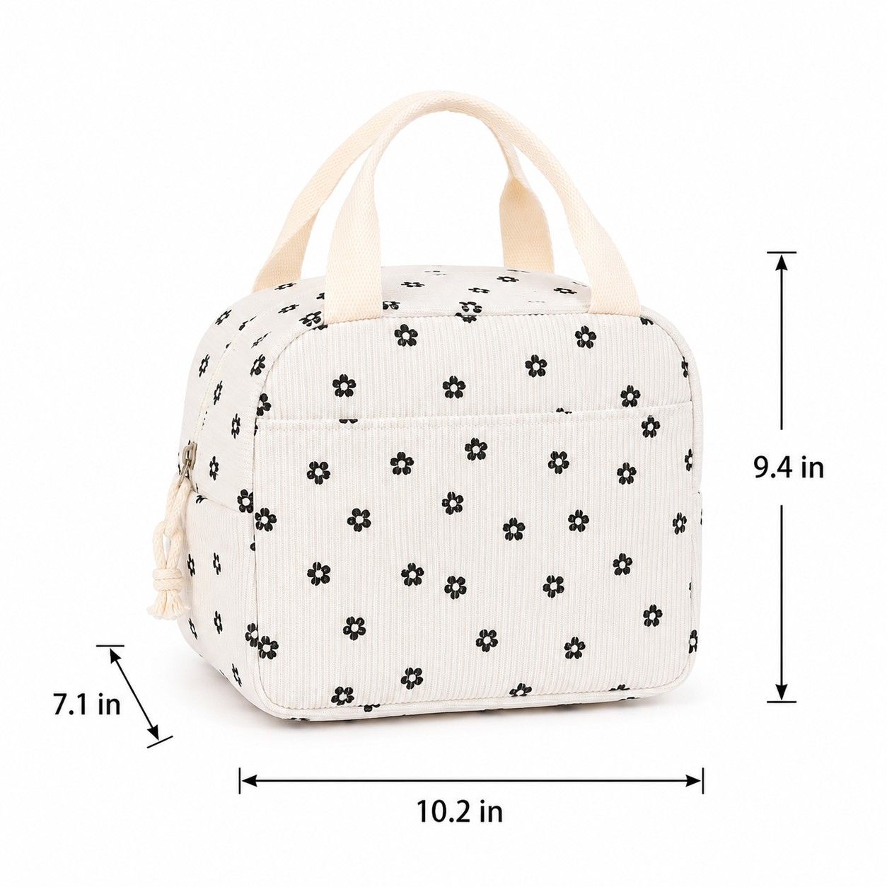 Floral Corduroy Insulated Lunch Tote Bag with Front Pocket and Zip Closure