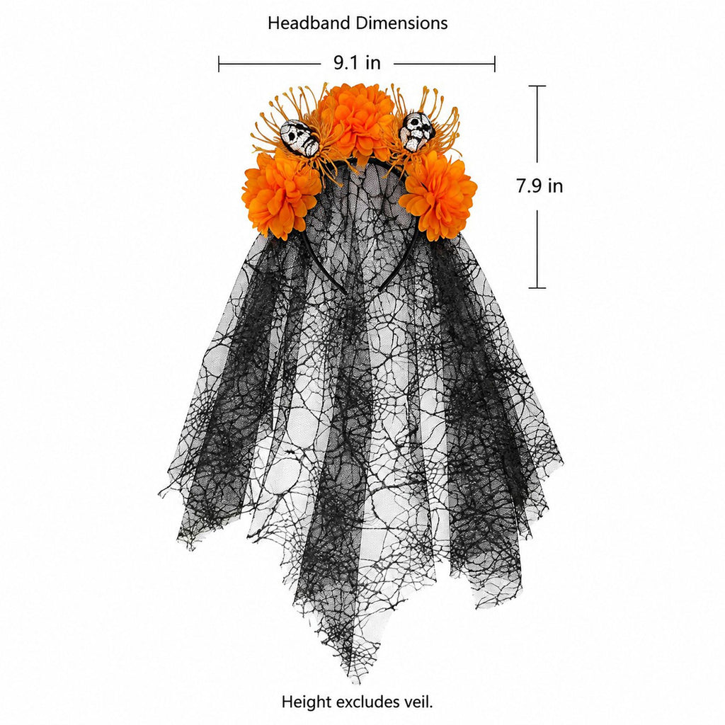 Halloween Floral Skull Headband with Spiderweb Lace Veil