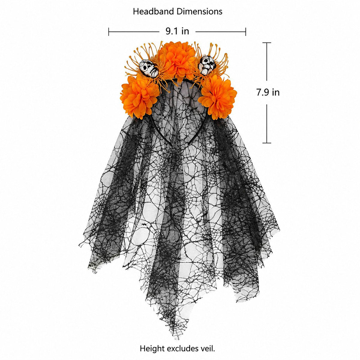 Halloween Floral Skull Headband with Spiderweb Lace Veil