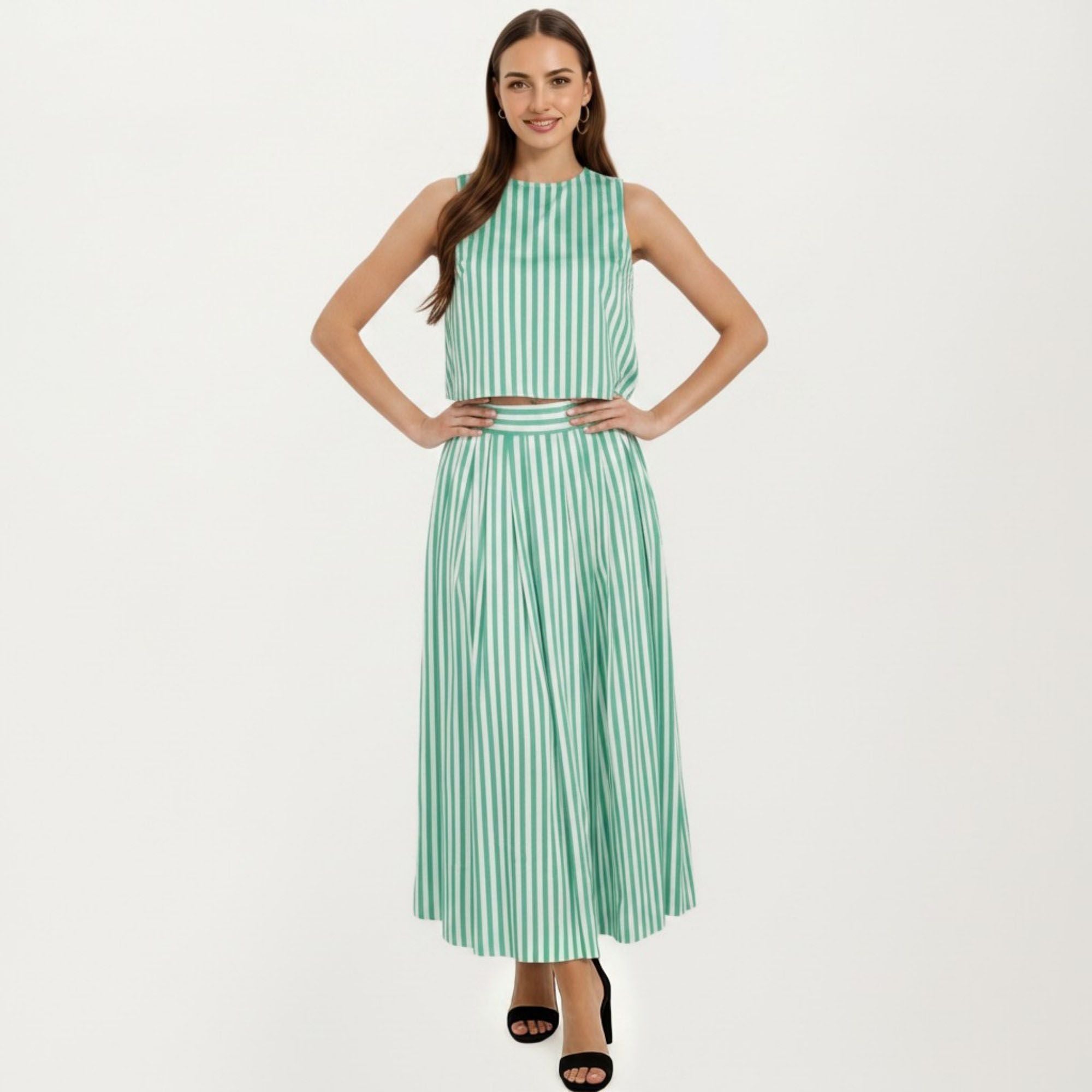 Anna-Kaci Women's Sleeveless Striped Two Piece Set Crop Top and Midi Skirt with Back Button Detail Flowy High Waist Set