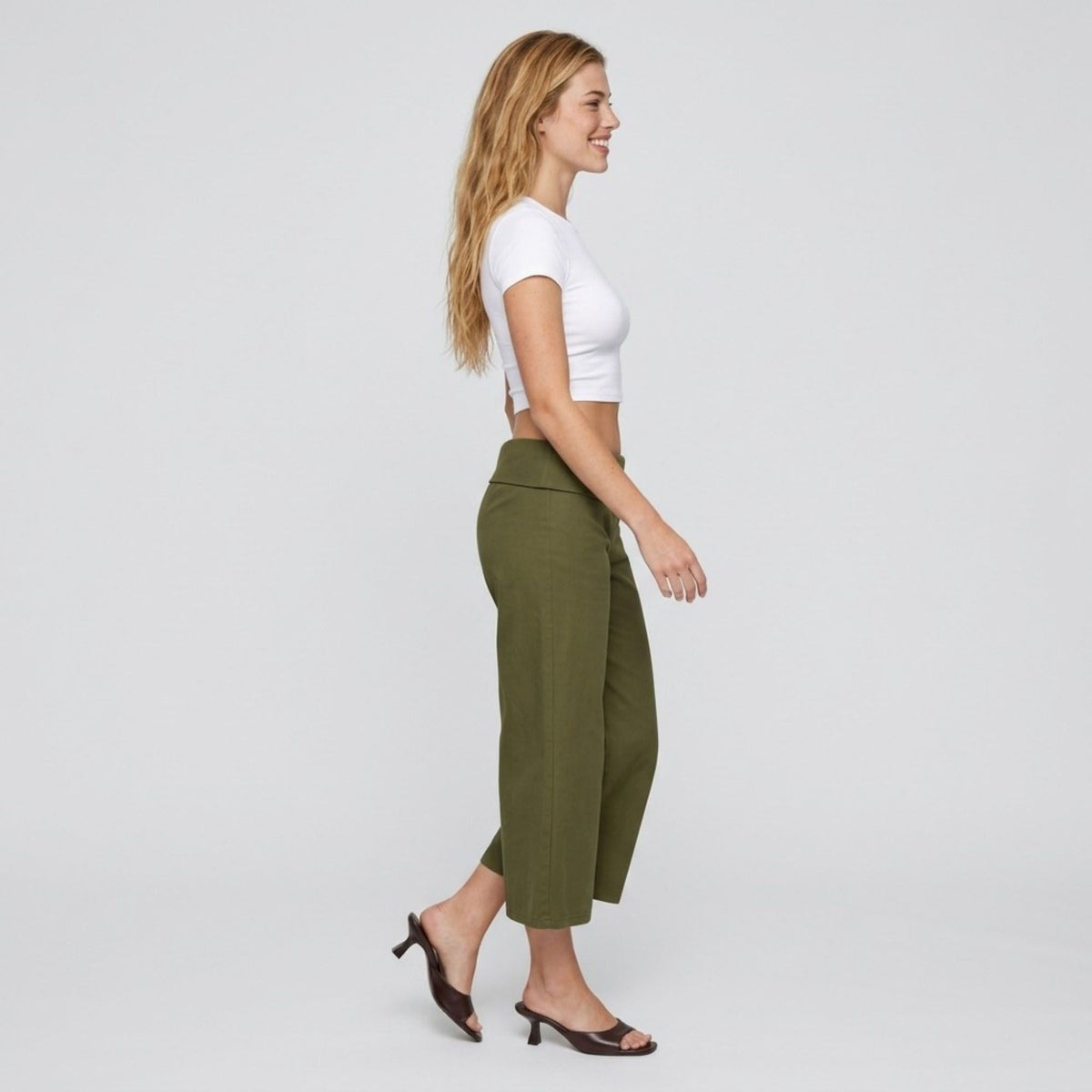 Foldover Waistband Cropped Wide-Leg Trousers
