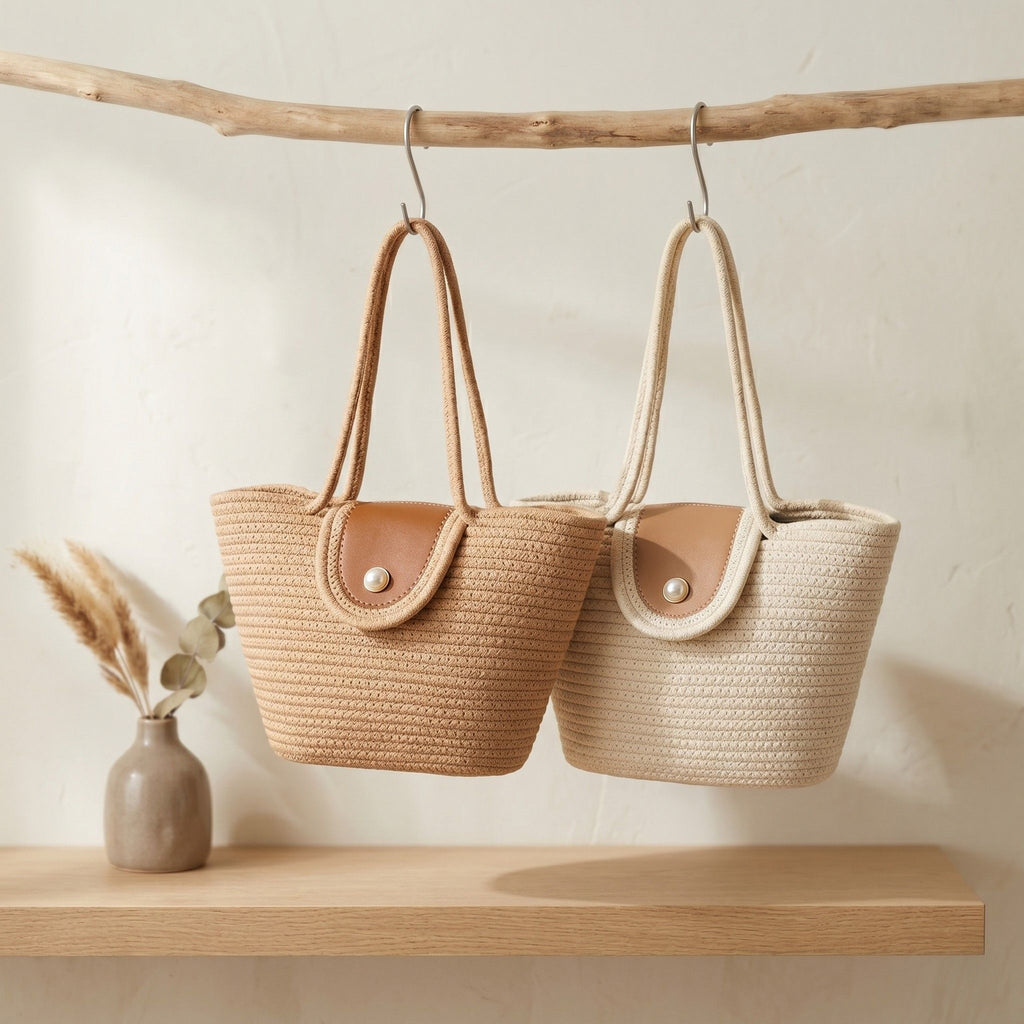 Woven Rope Tote Bag with Flap Cover Pearl Button Large Capacity Shoulder Carryall
