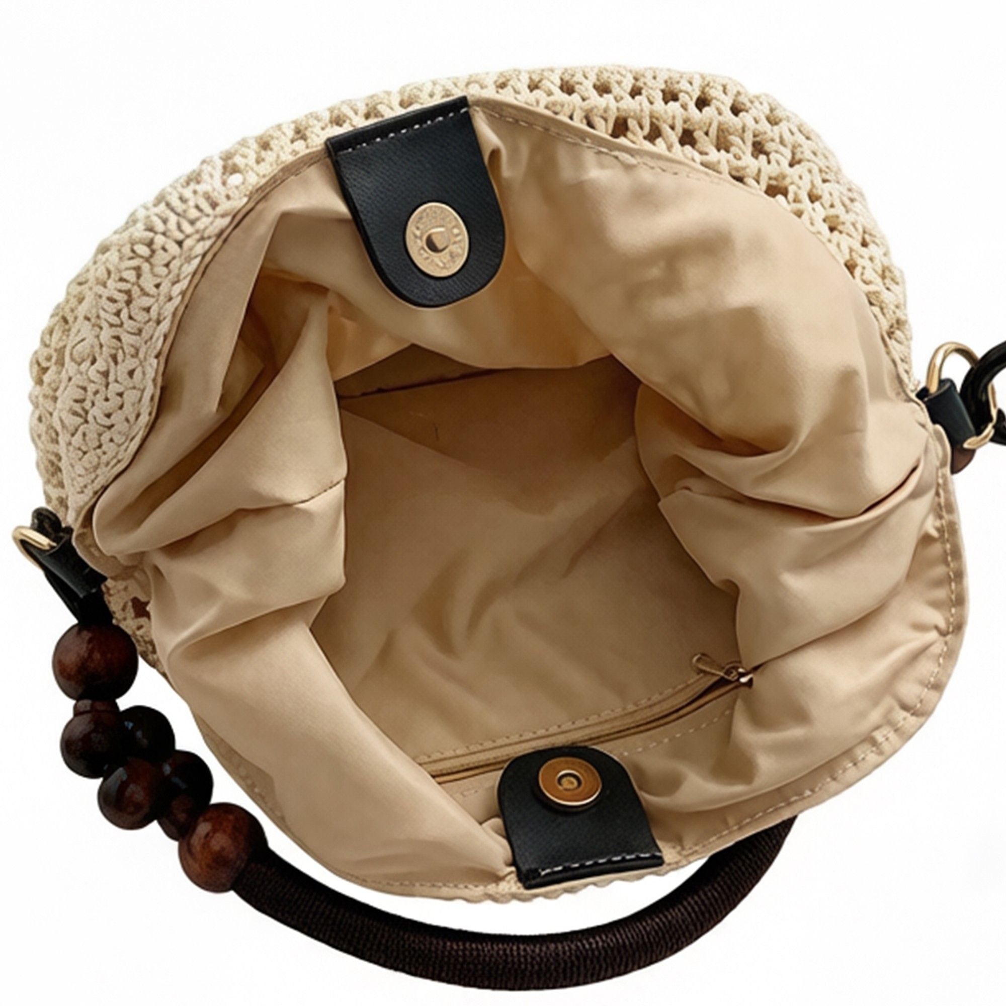 Crochet Hobo Shoulder Bag Wooden Bead Handle Open Weave Knit Handbag Slouchy Summer Carryall Lightweight Tote