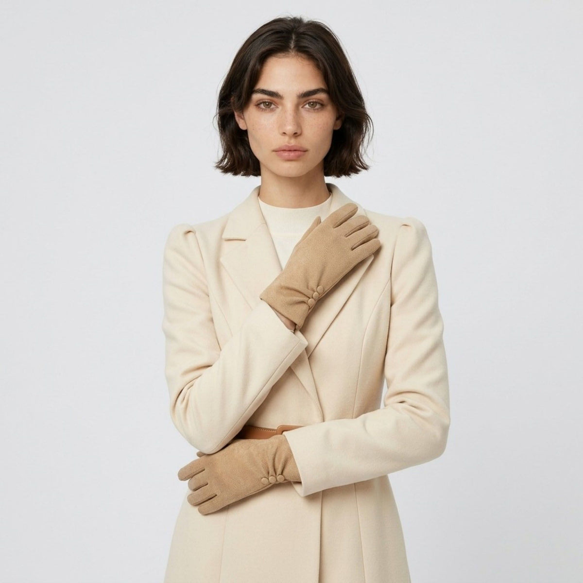 Faux Suede Winter Gloves with Pleated Wrist and Button Detail 9.4 x 3.3in