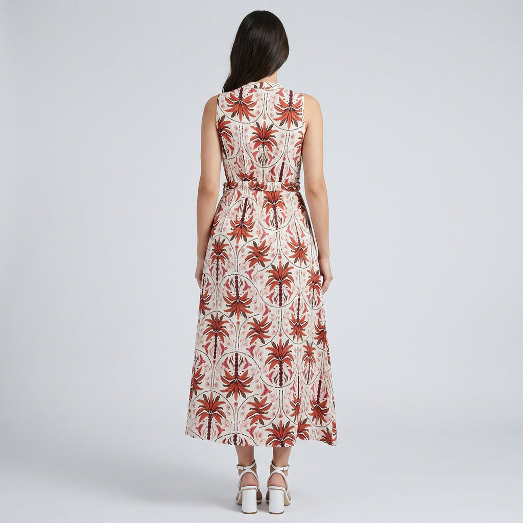 Botanical Print Sleeveless V-Neck Tie Waist Maxi Dress with Side Pockets and Relaxed A-Line Silhouette