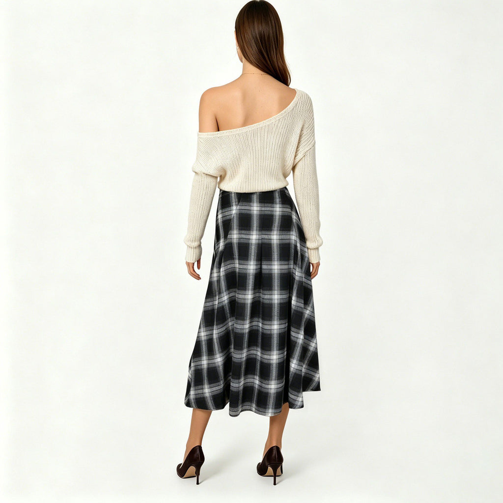 Anna-Kaci Women's Plaid Midi Skirt with A-Line Silhouette Flowy Hem High Waist Design Classic Check Pattern Skirt