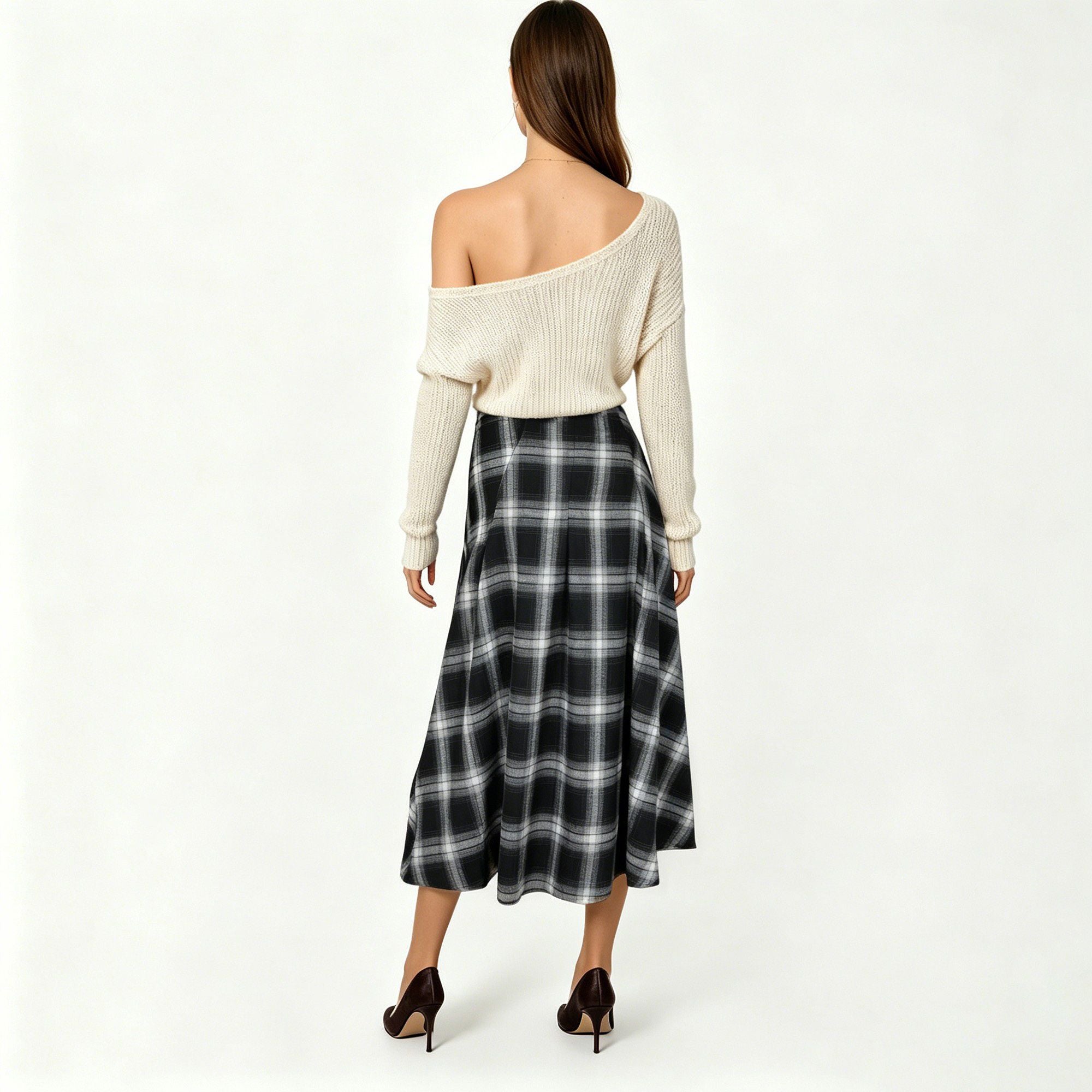 Anna-Kaci Women's Plaid Midi Skirt with A-Line Silhouette Flowy Hem High Waist Design Classic Check Pattern Skirt